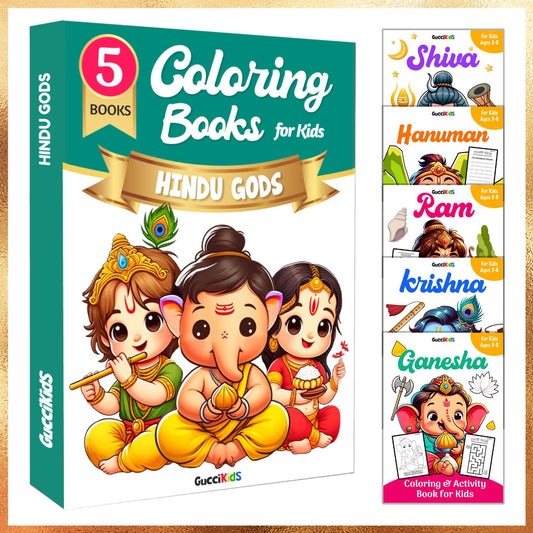 COMBO of 5 - Coloring Books Boxset for Kids - HINDU GODS (Ganesha, Shiva, Ram, Krishna, Hanuman)
